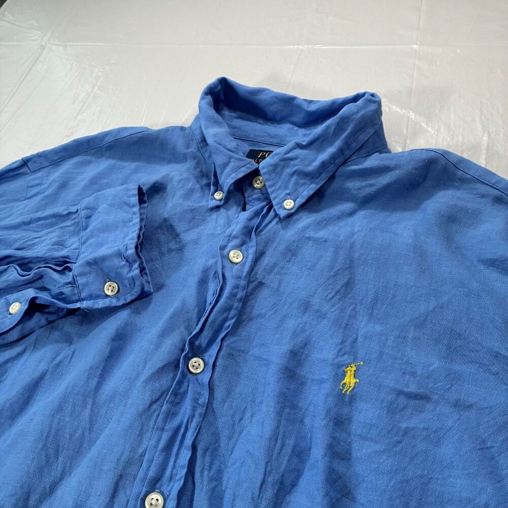 Polo Ralph Lauren 100% Linen Shirt Men’s XL Blue Button Down Yellow Pony Coastal